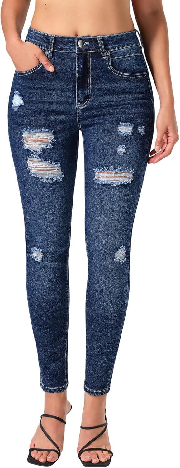 Roswear Women's Ripped Mid Rise Skinny Jeans for Stylish Comfort