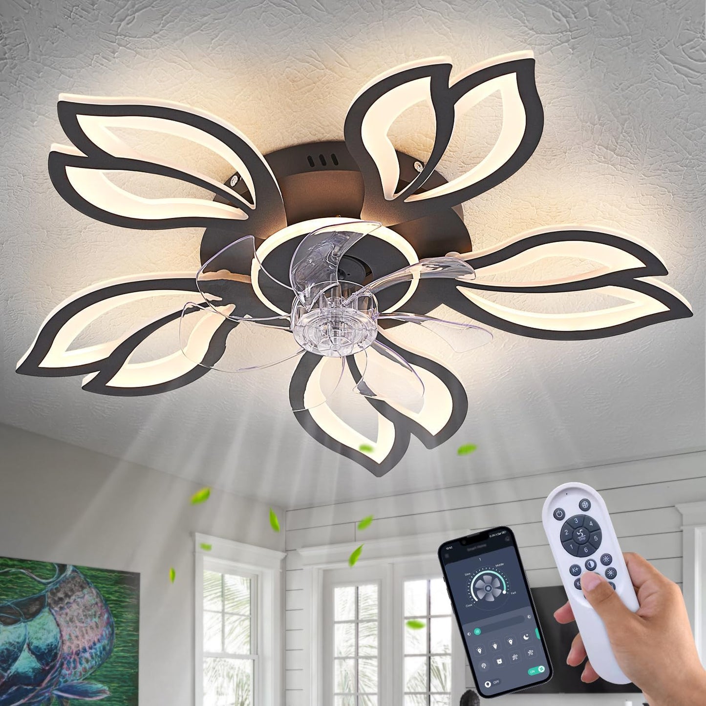 26 in Black Low Profile Ceiling Fan with Lights and Remote Control