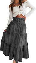 High Waist Long Denim Skirt Button-Fly Tiered Ruffle Swing A-Line Maxi