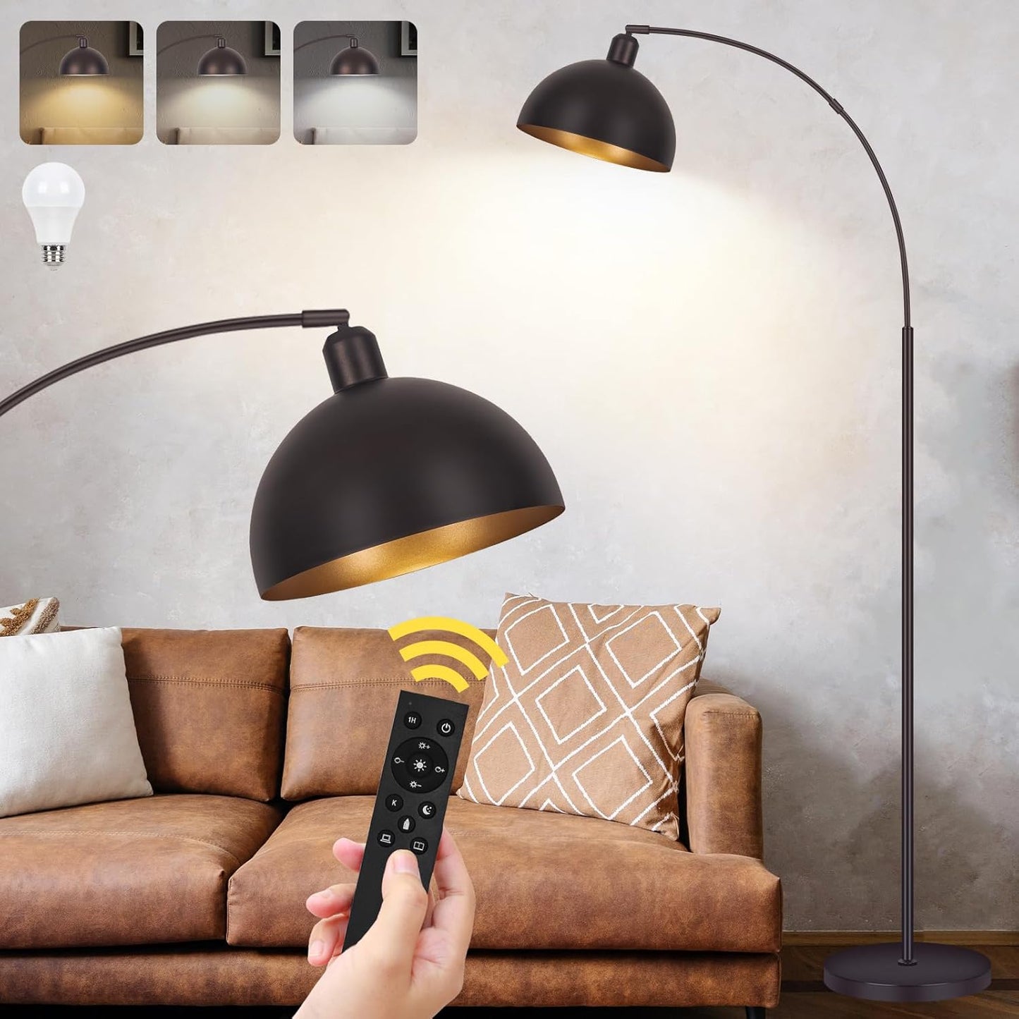 Dimmable Bronze Arch Floor Lamp for Living Room with Remote Control
