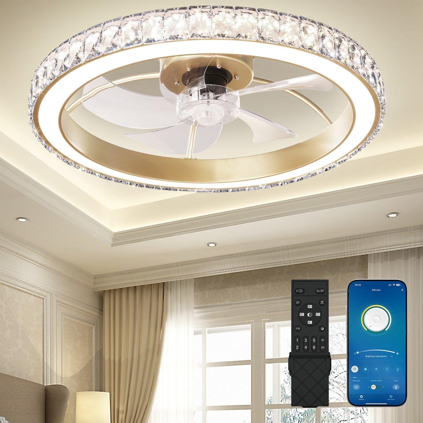 Aipsun Low Profile Modern Crystal Chandelier Ceiling Fan Light