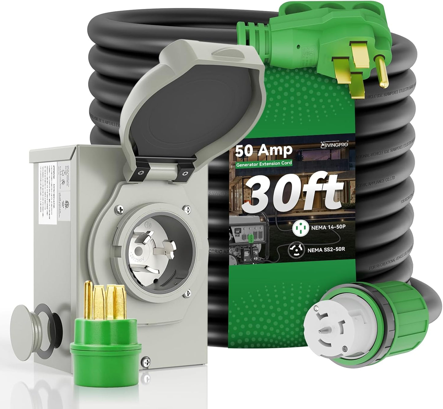 50 Amp Generator Cord and Inlet Box Waterproof Combo Kit