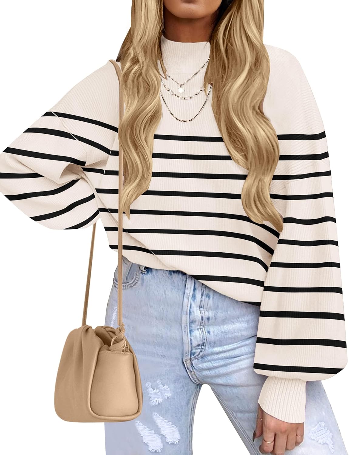 ZESICA Women's Turtleneck Long Sleeve Striped Sweater Tops