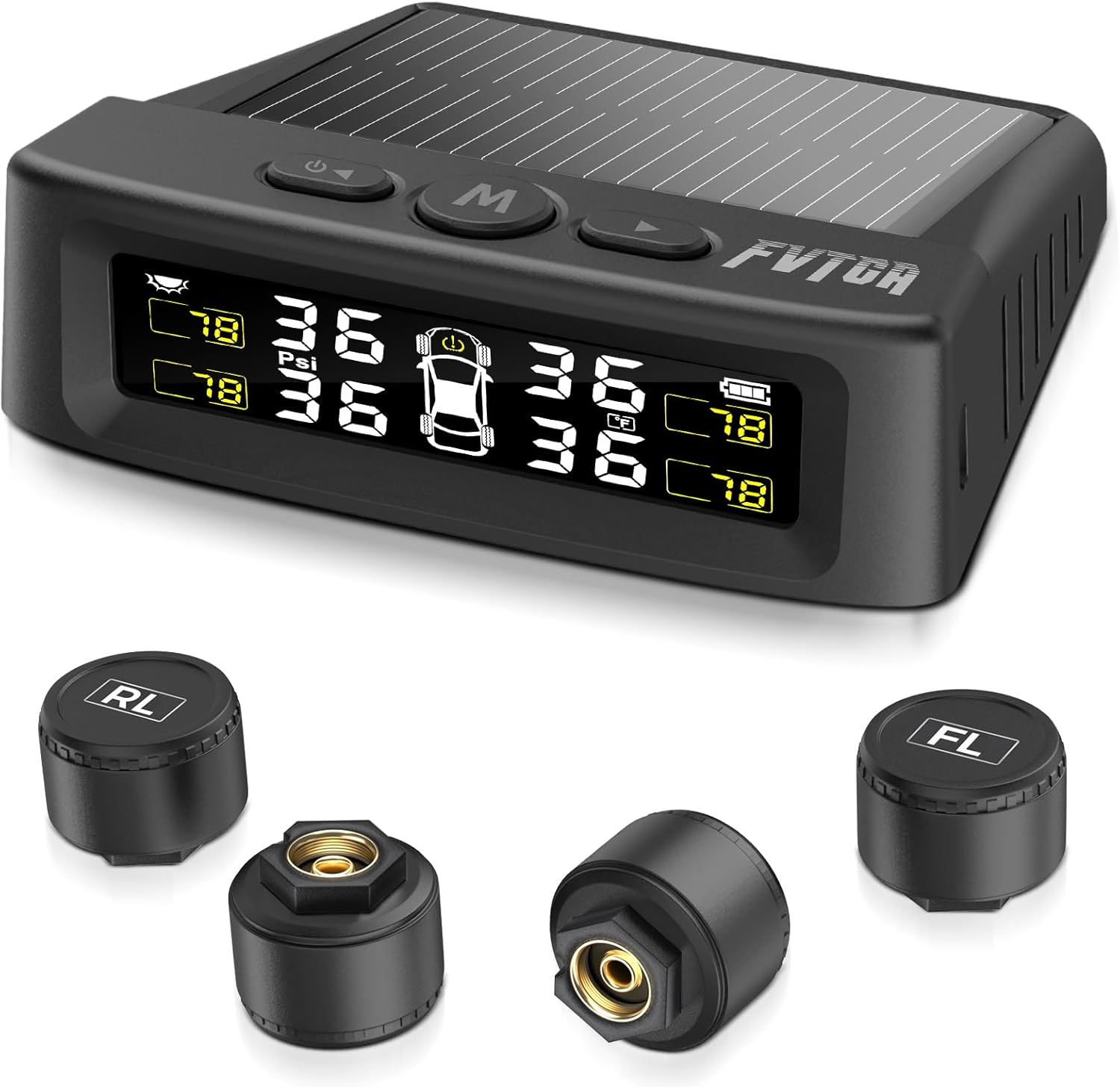 Wireless Solar TPMS - 6 Alarm Modes, Voice Prompt, Color LCD - RV, Sedan, SUV