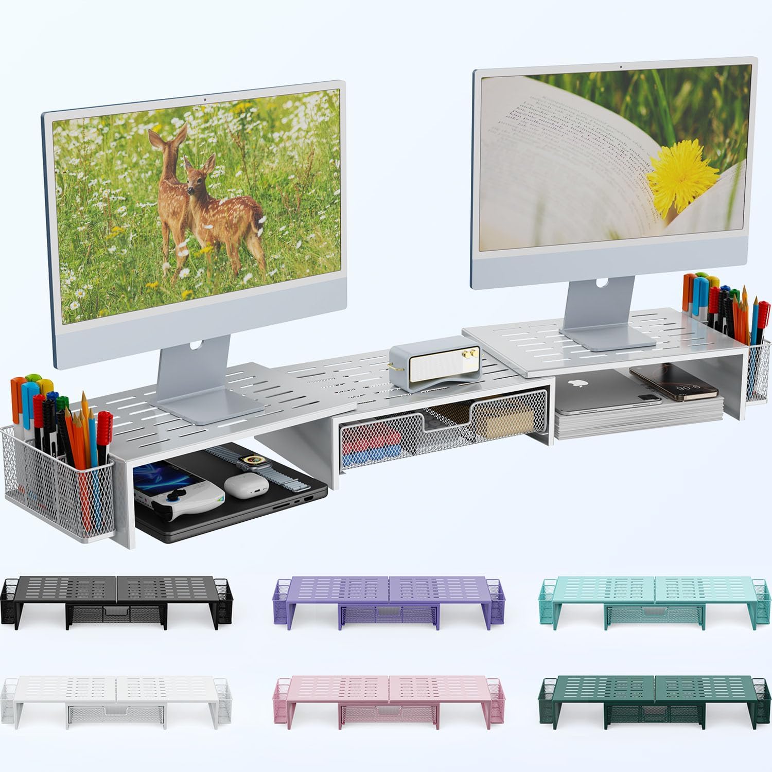 Gianotter Dual Monitor Stand with Drawer - White
