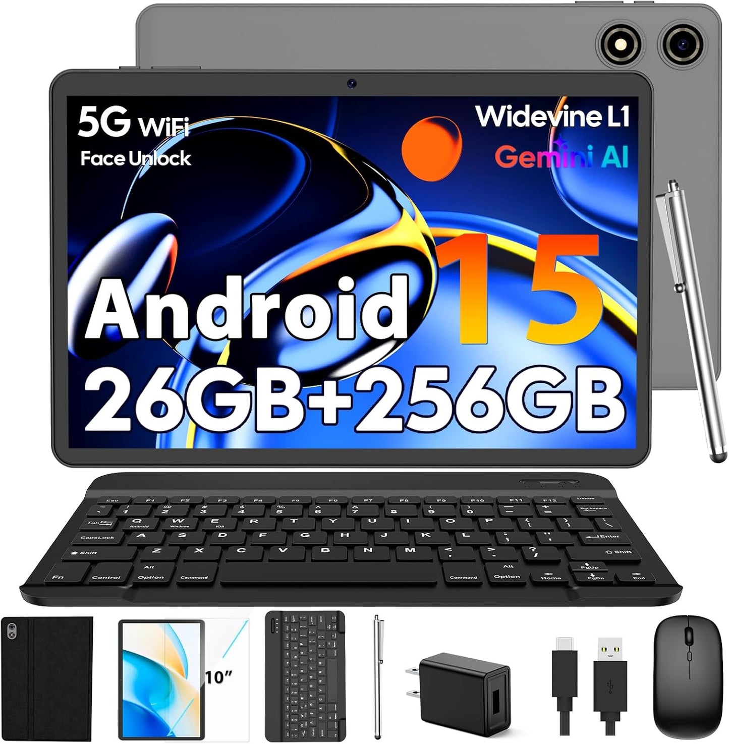10 Inch Android 15 Tablet with Keyboard and 8000mAh Battery