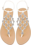 Women's Rhinestone Flat Sandals T-Strap Thong Sandals for Summer