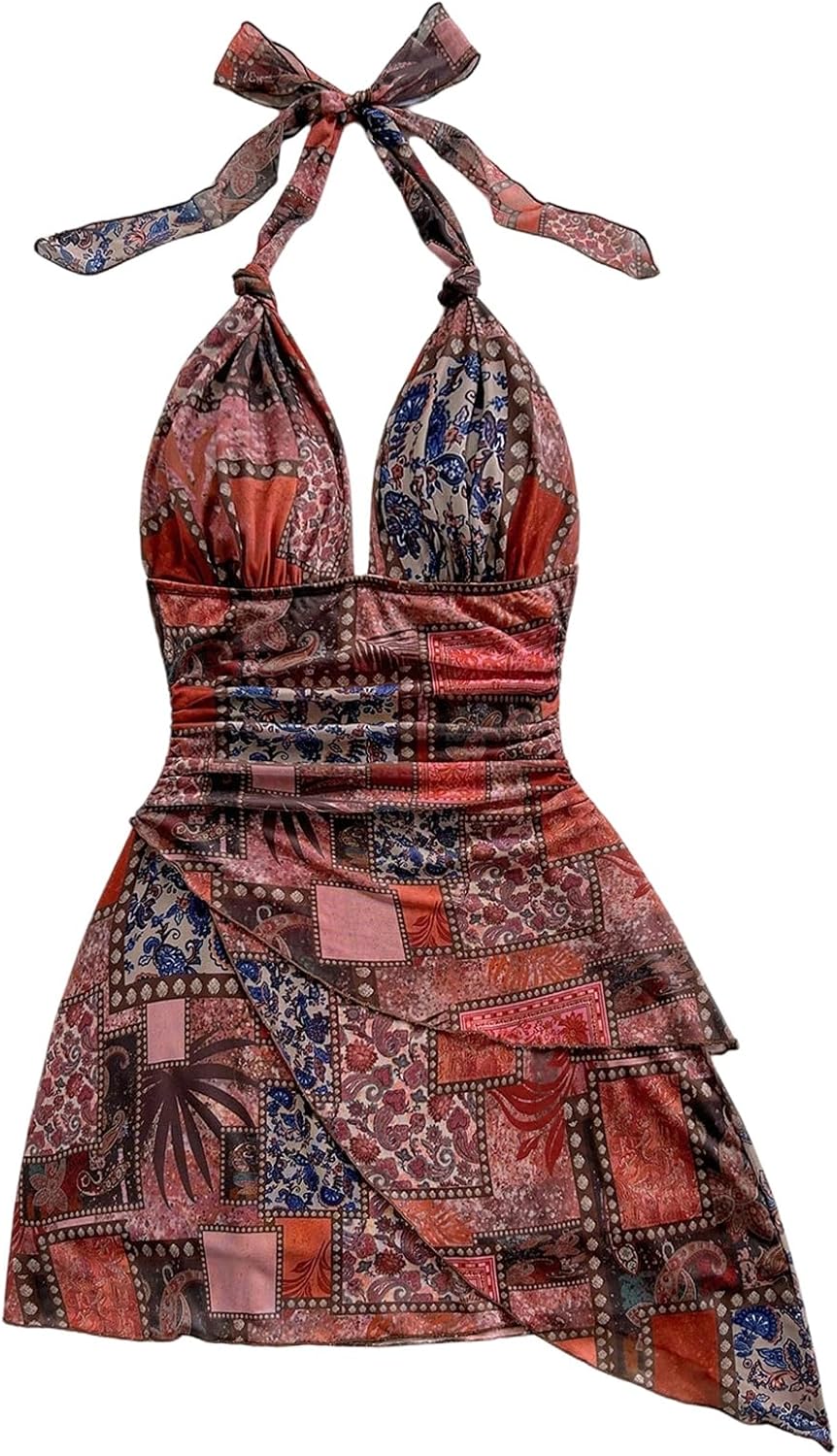 SOLY HUX Women's Sexy Tie Dye Print Halter Mini Dress