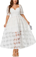 Women's White 3D Lace Puff Sleeve Maxi Dress - Formal Guest