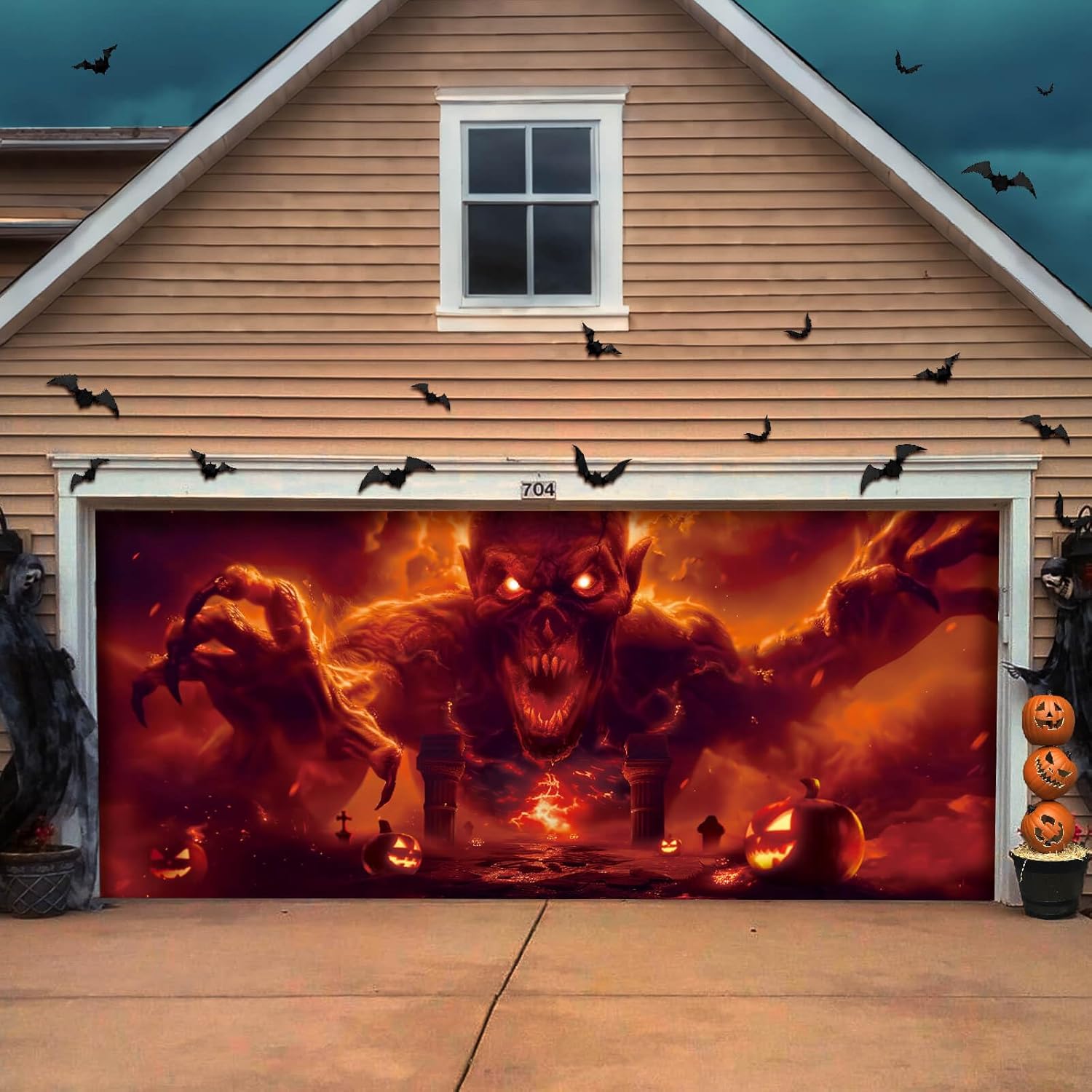 Halloween Garage Door Decorations with Ghost Fire Design for Fun