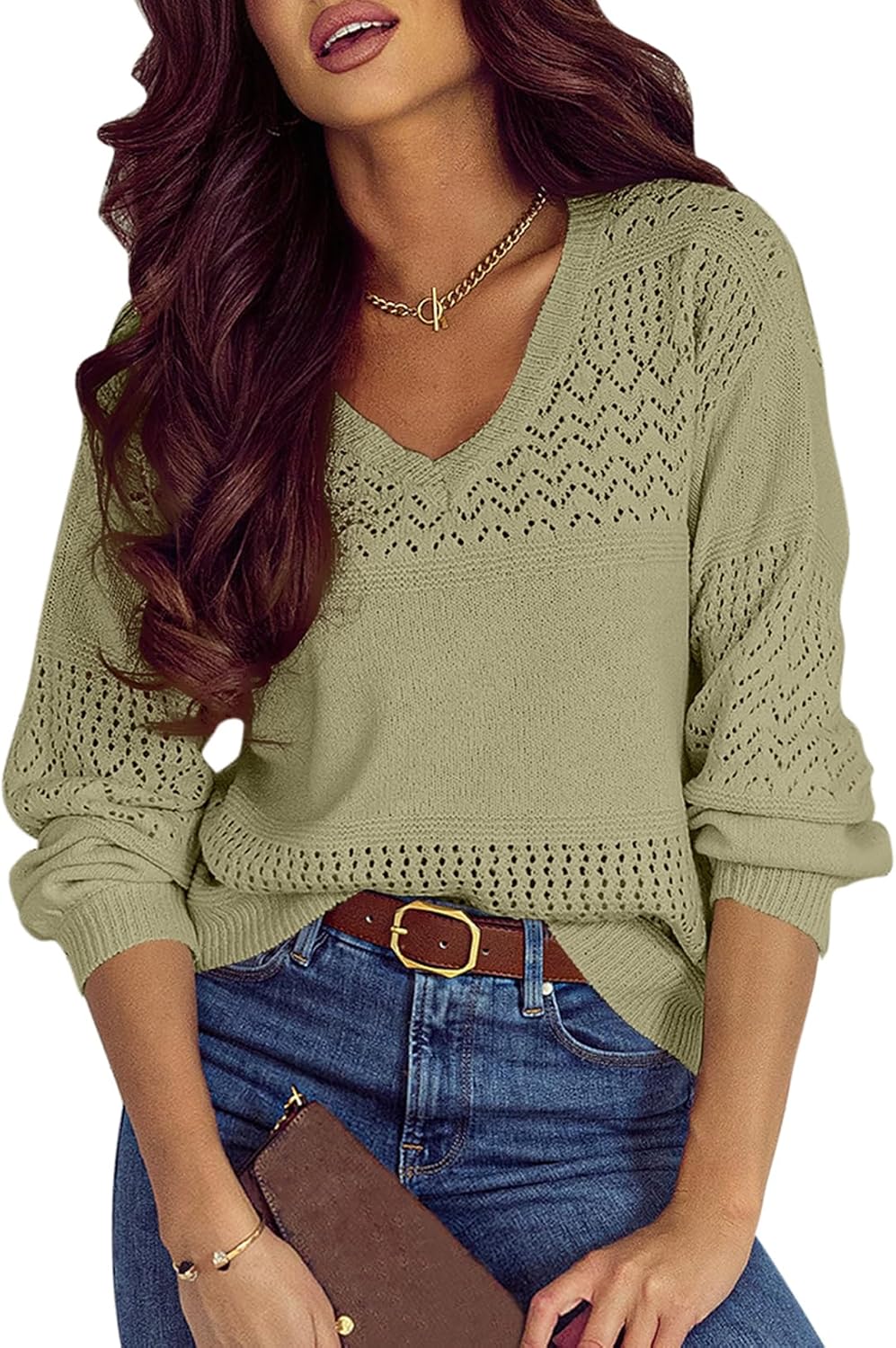 SHEWIN Women's Casual Long Sleeve V Neck Crochet Pullover Sweater