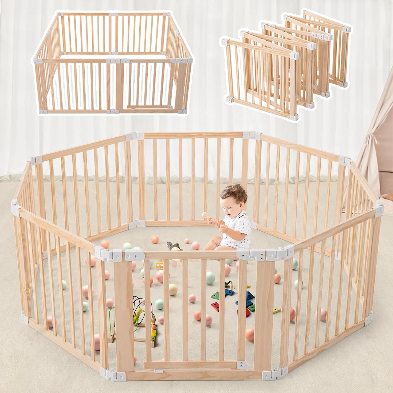 Aokkto Foldable Wooden Playpen for Safe Baby Playtime