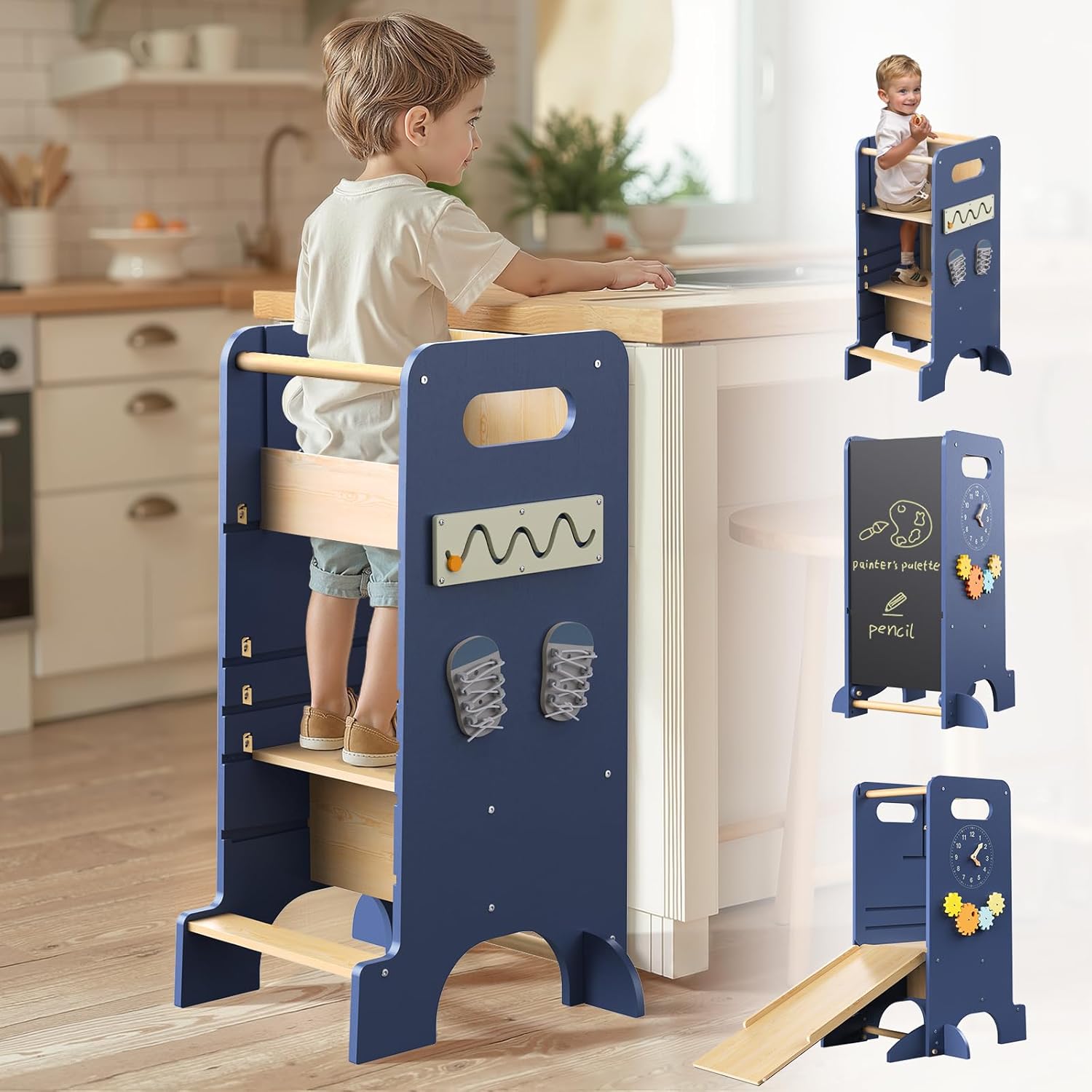 Toddler Tower 4-in-1 Kitchen Step Stool with Slide and Chalkboard