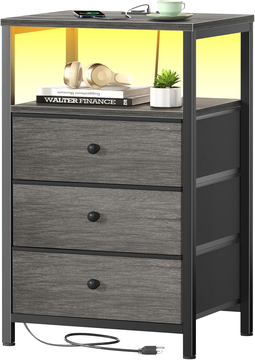 BOLUO Gray Nightstand with Charging Station and LED Light