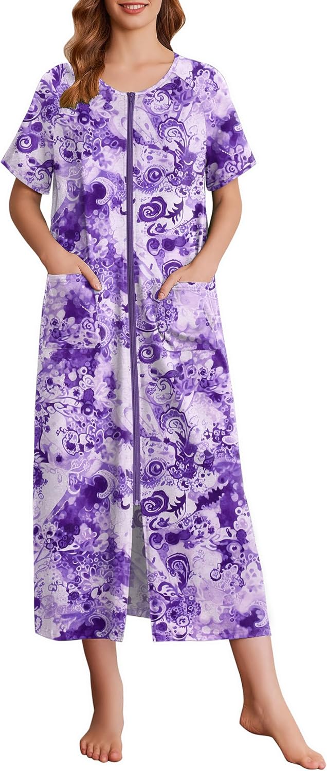 Ekouaer Women Robes Zipper Front Short Sleeve Housecoat Comfort