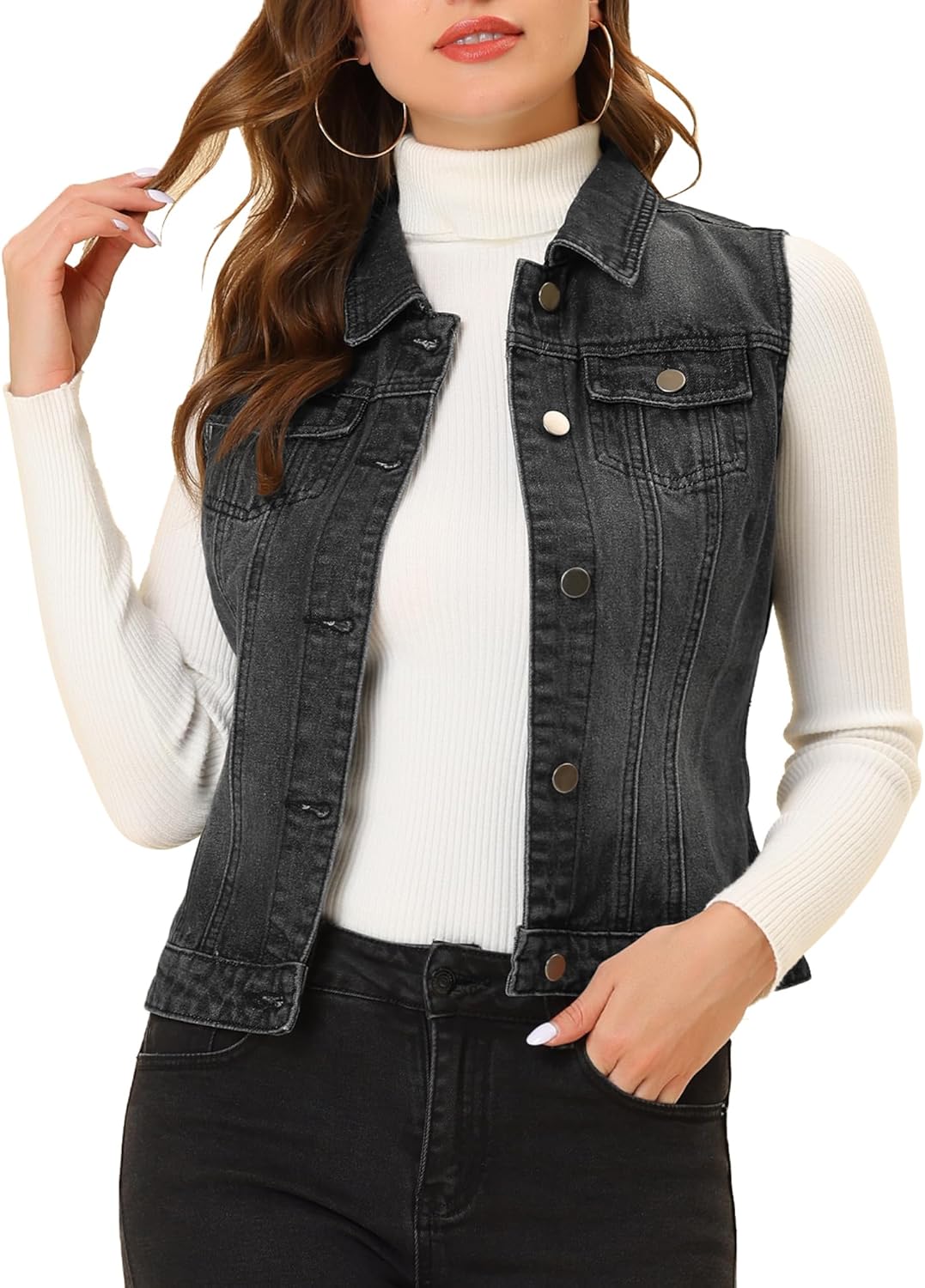Allegra K Women's Buttoned Washed Denim Vest Jacket with Pockets
