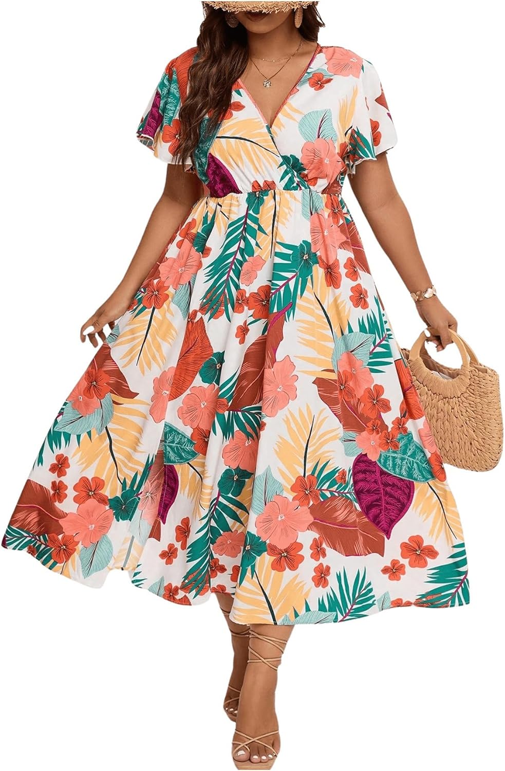 Floerns Women's Plus Size Boho Floral V Neck A Line Dress