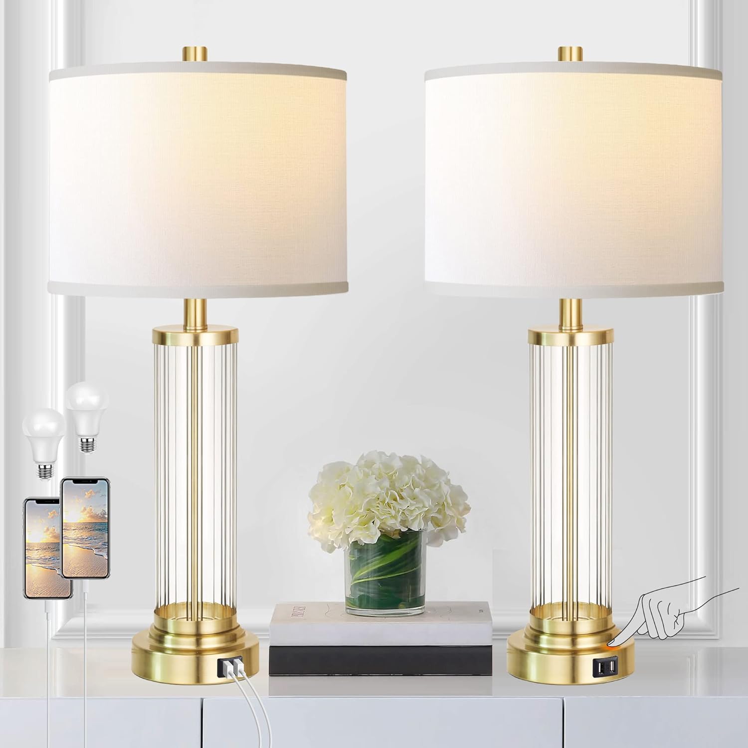 QiMH Touch Control Table Lamp Set with USB Ports for Modern Homes