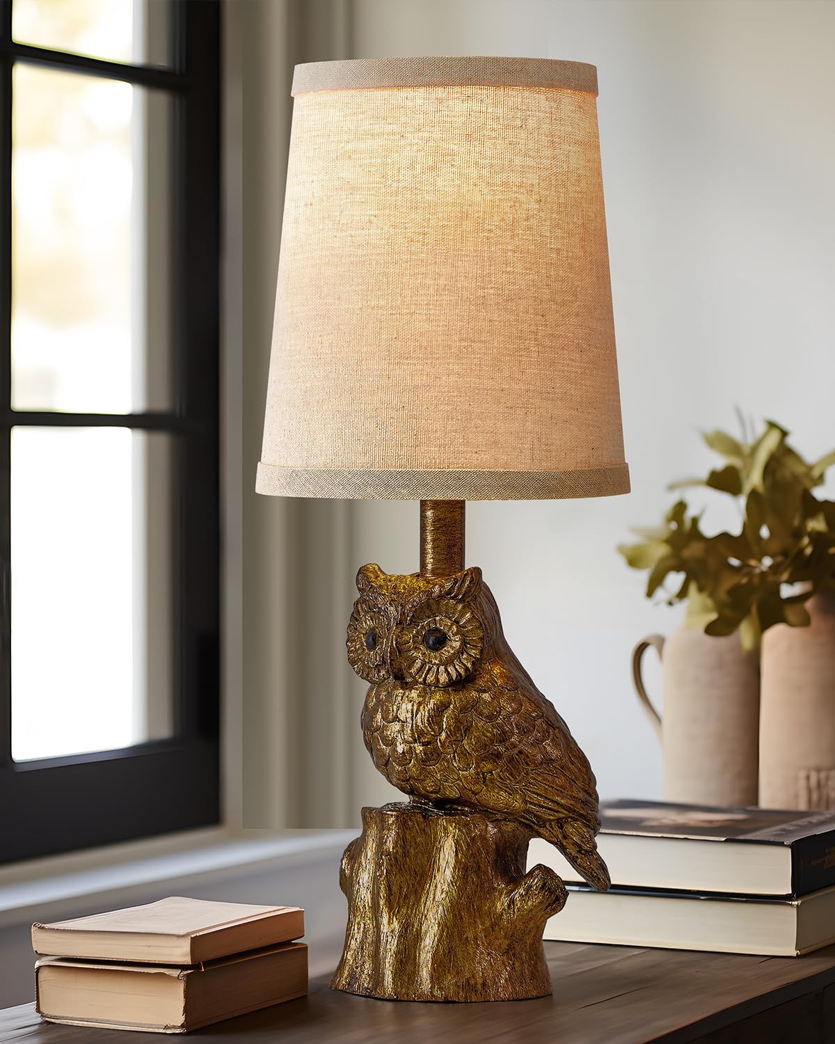 14.25 in Small Table Lamp for Living Room with Gold Owl Design