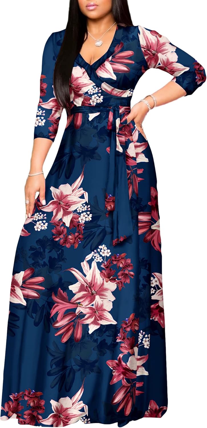 AOMONI Women's Floral Print Maxi Dress with Pockets for Summer