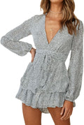 Womens Floral Print Romper V Neck Long Sleeve Double Layer Shorts
