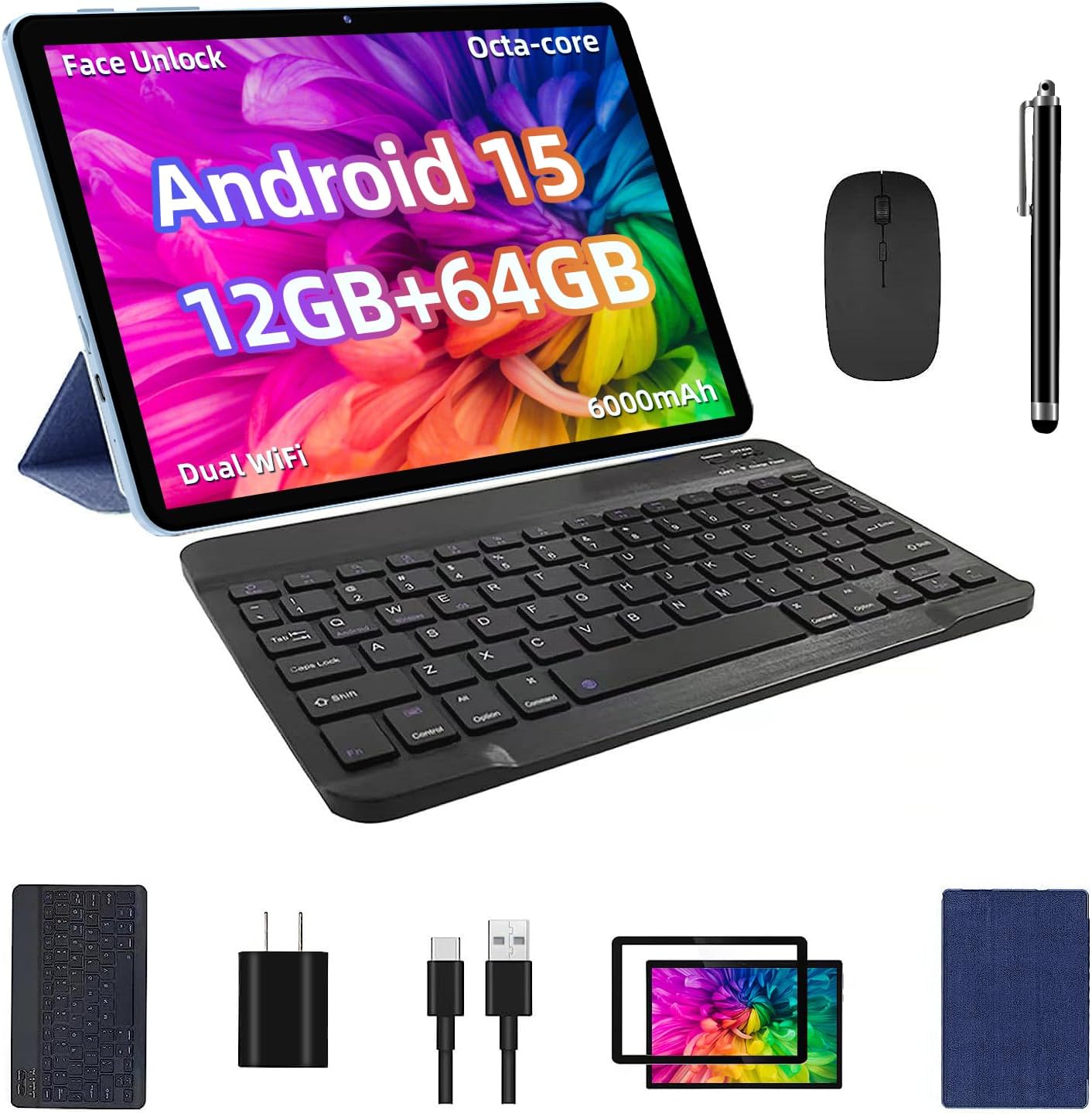 2025 Android 15 Tablet with Keyboard Case and Stylus Pen Bundle