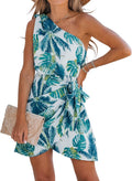 One Shoulder Leaf Print Self-tie Short Dress - Casual Vacation Mini