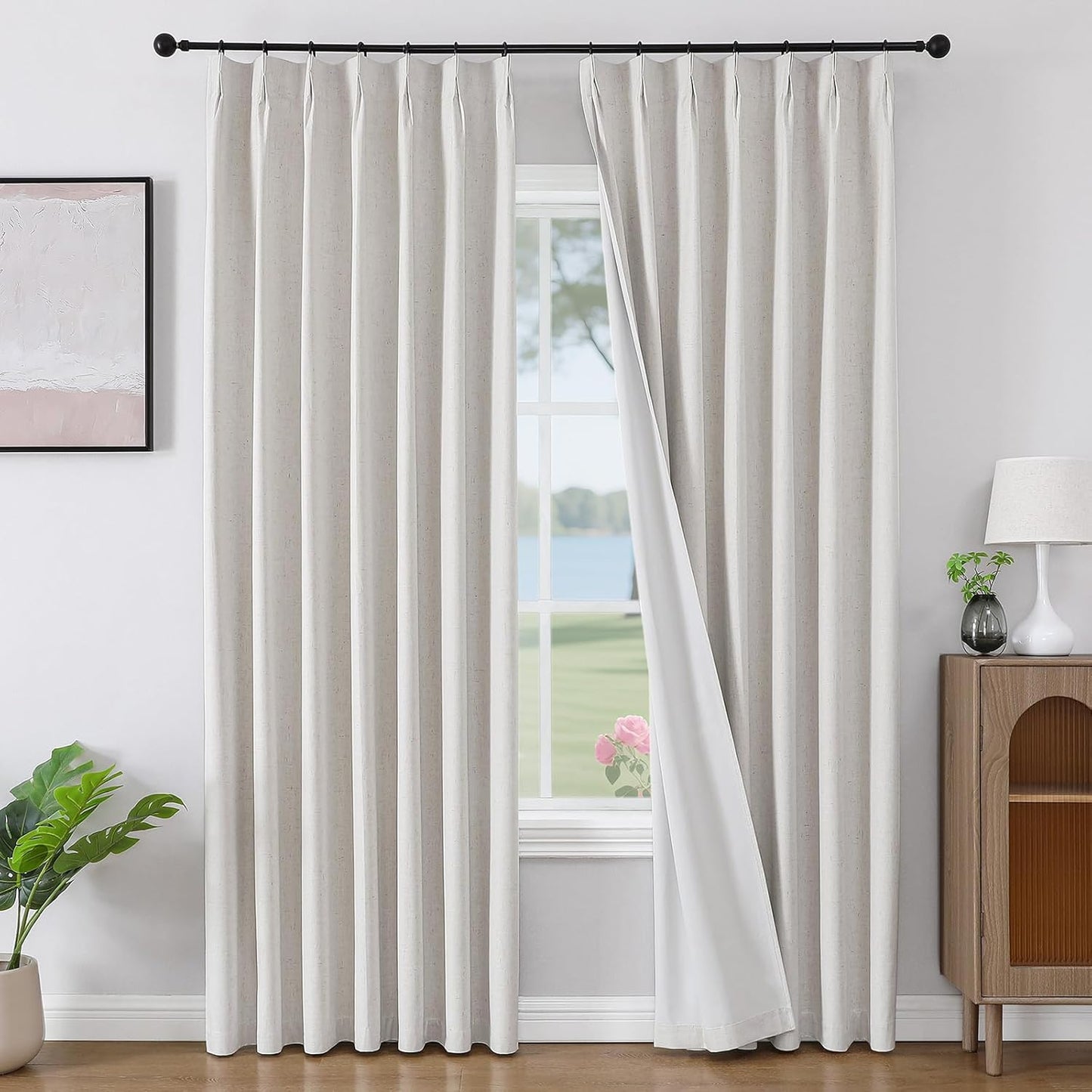 Joydeco Pinch Pleated Linen Curtains for Living Room 100% Blackout