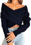 Women Casual V Neck Long Sleeve Wrap Sweater - Off Shoulder Crop