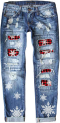 EVALESS Ripped Jeans for Women Plaid Patch Boyfriend (Style 8WGT)