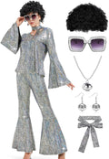 Women 70s Disco Costume 8 PCS Outfit - Sequin Flared Pants Set