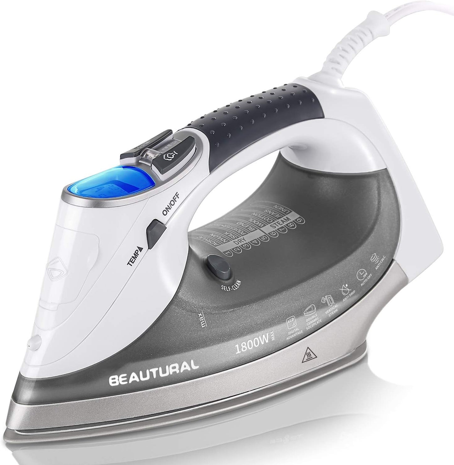 BEAUTURAL 1800-Watt Steam Iron with LCD Screen for All Fabrics