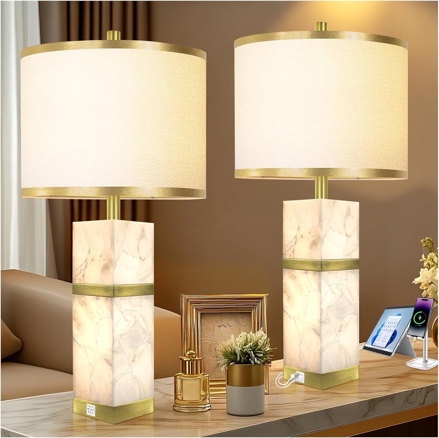 Natural Alabaster Table Lamps Set of 2 with USB Ports