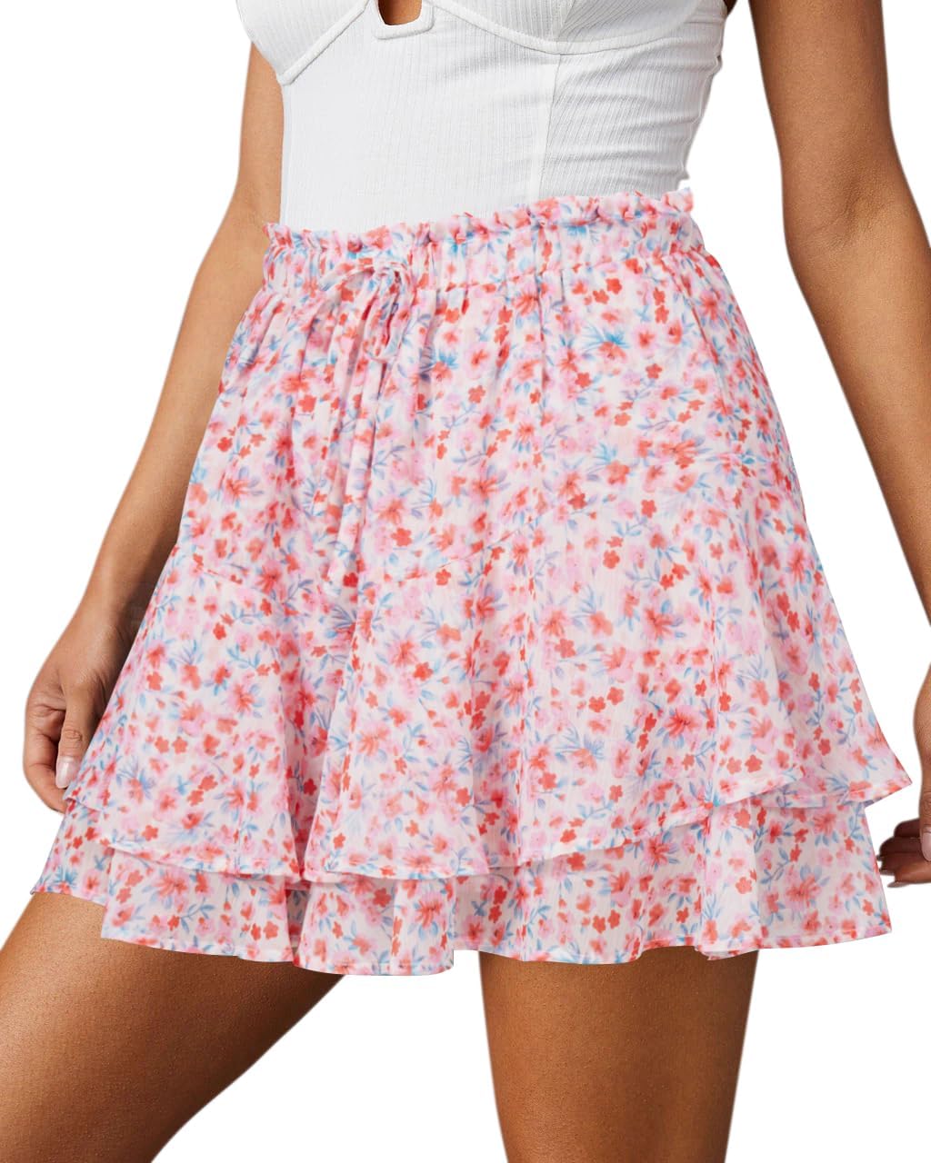 Flowy Shorts for Women Casual Boho Floral Skorts Ruffle Mini