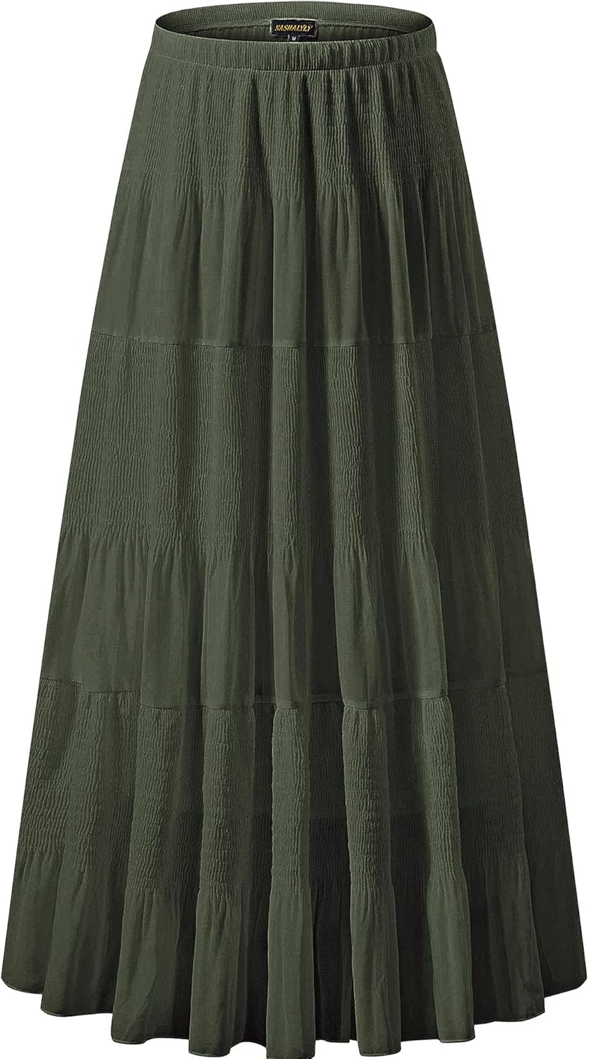 Chiffon Elastic High Waist Pleated A-Line Maxi Skirt for Women
