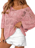 Women Crochet Off Shoulder Pullover Sweater - 3/4 Sleeve Spring Cover
