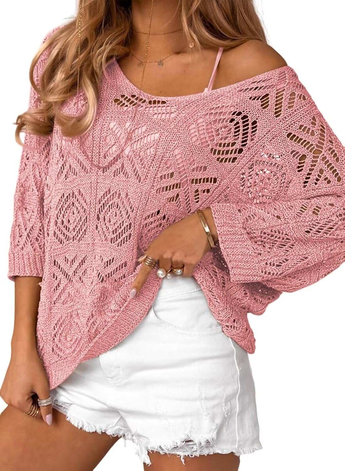 Dokotoo Women's Crochet Hollow Out Off Shoulder Pullover Sweater