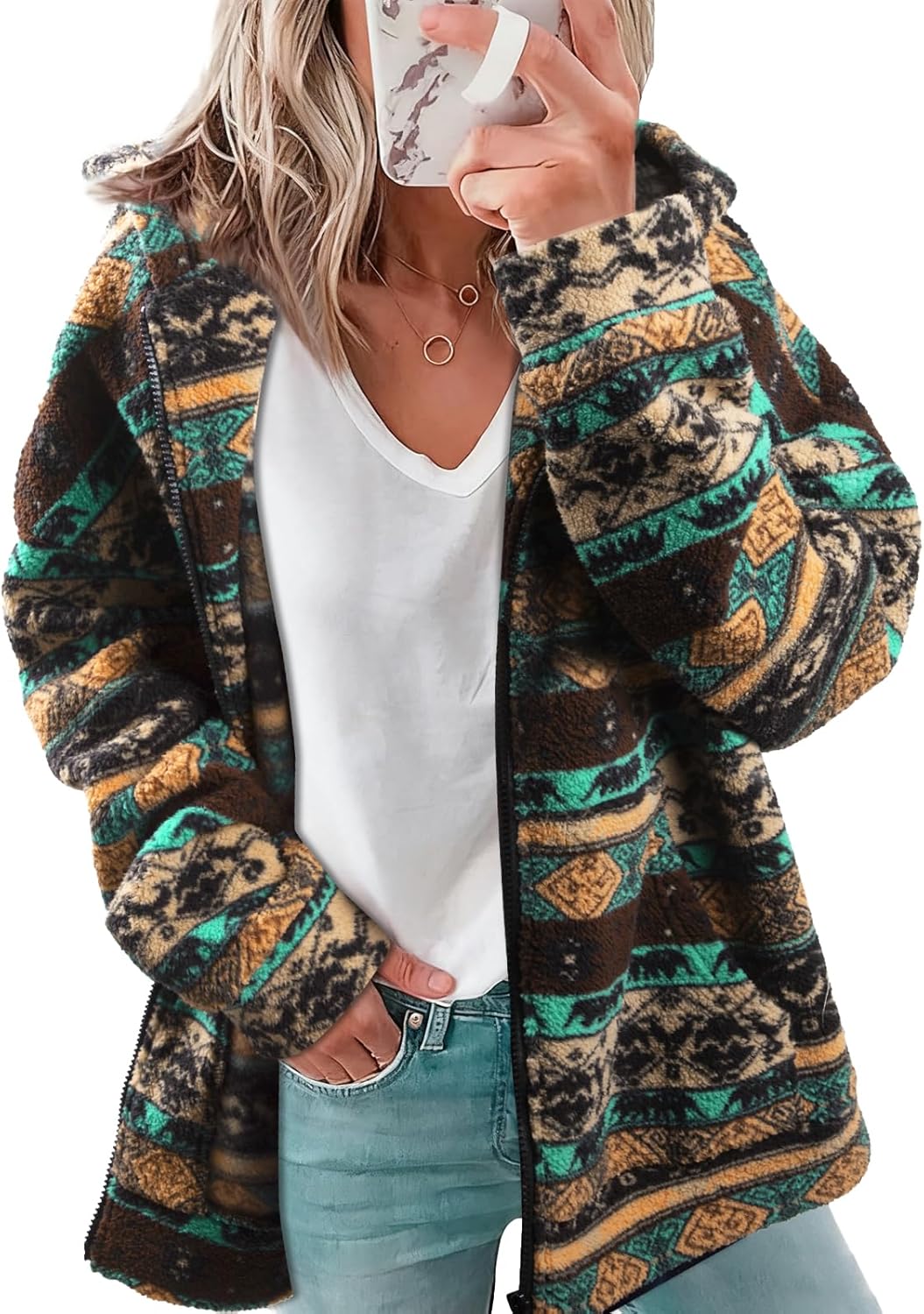 LUKYCILD Womens Western Aztec Print Zip Up Hoodies Sweatshirt