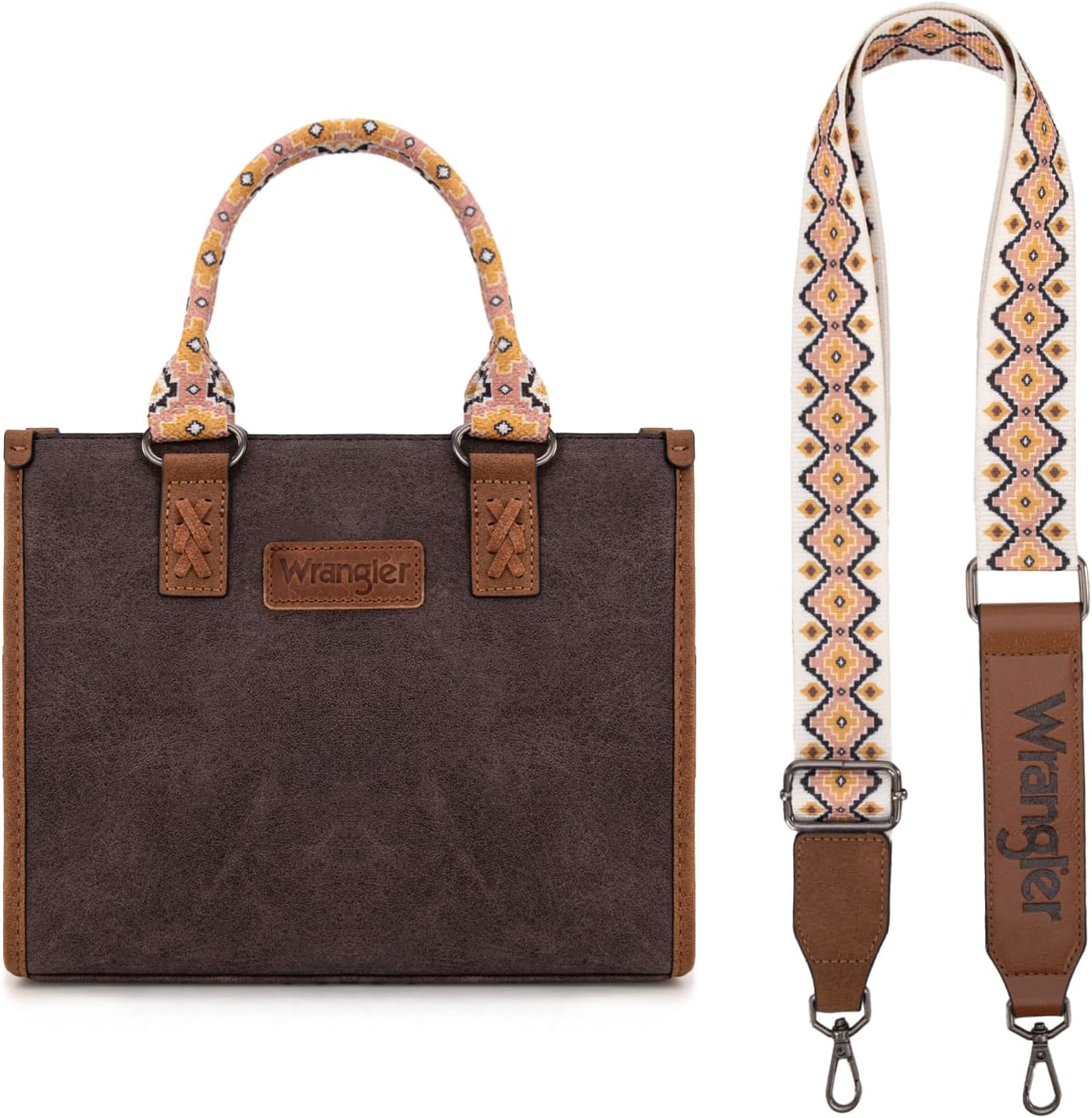 Wrangler Tote Bag for Women with Aztec Print and Whipstitch
