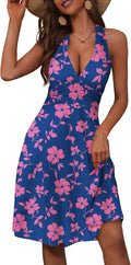 HUHOT Women's Floral Halter Neck Sundress with Pockets - Flowy Mini