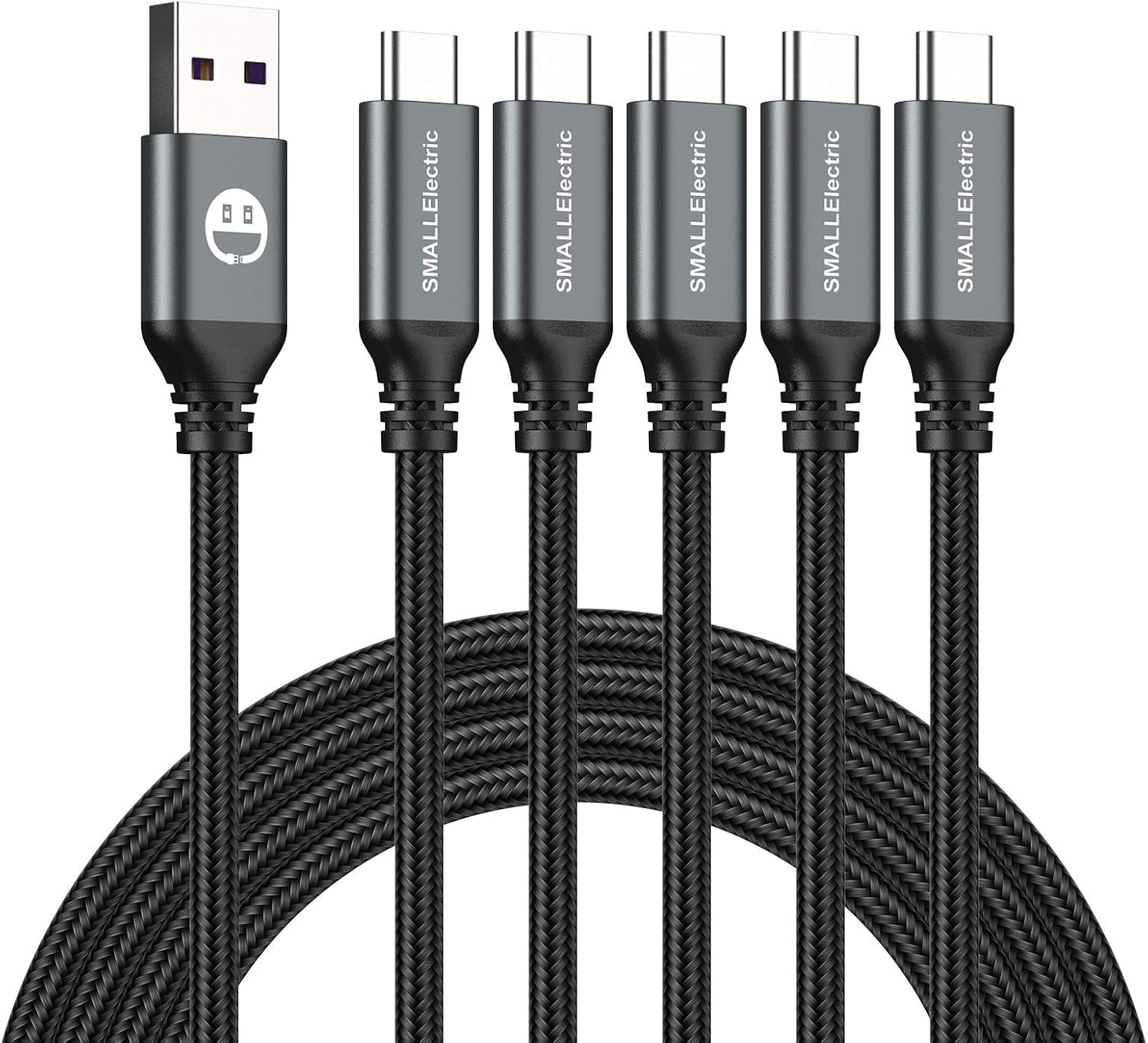 SMALLElectric 5pk 6ft Braided USB-C to A Cables 3A Fast Charging