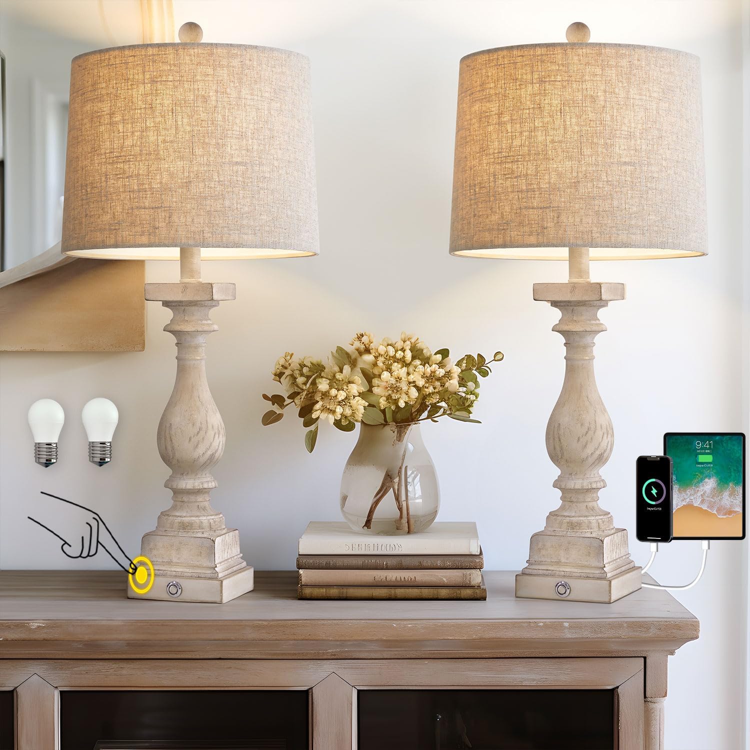 27 in Farmhouse Dimmable Touch Control Table Lamp Set of 2