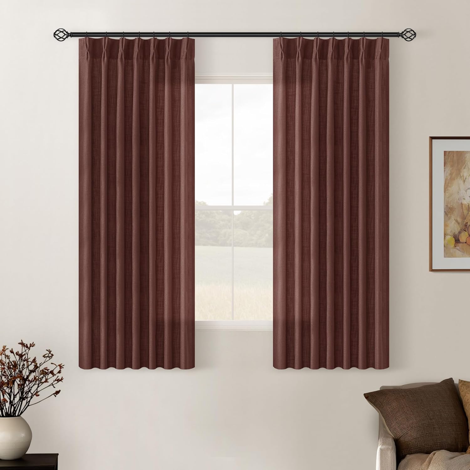 Reddish Brown Pinch Pleated Linen Cafe Curtains for Home Use