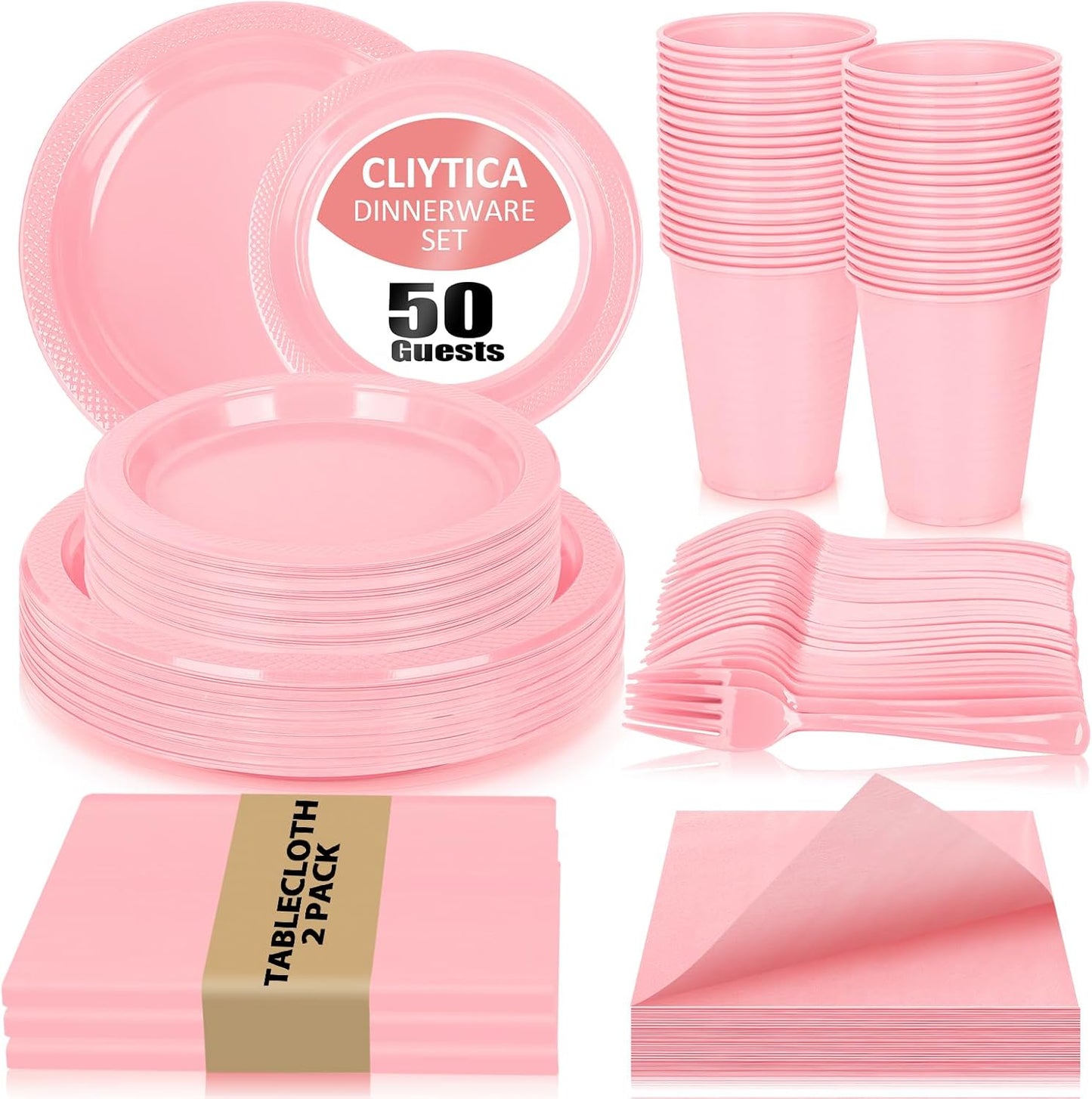 Pink Plastic Plates Set for Party, 50 Guest Disposable Tableware