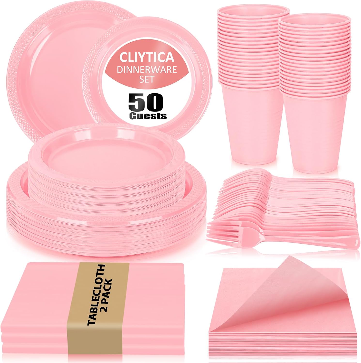 Pink Plastic Plates Set for Party, 50 Guest Disposable Tableware