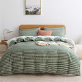 Queen Duvet Cover Set Cotton 3-Piece - Soft Striped Green