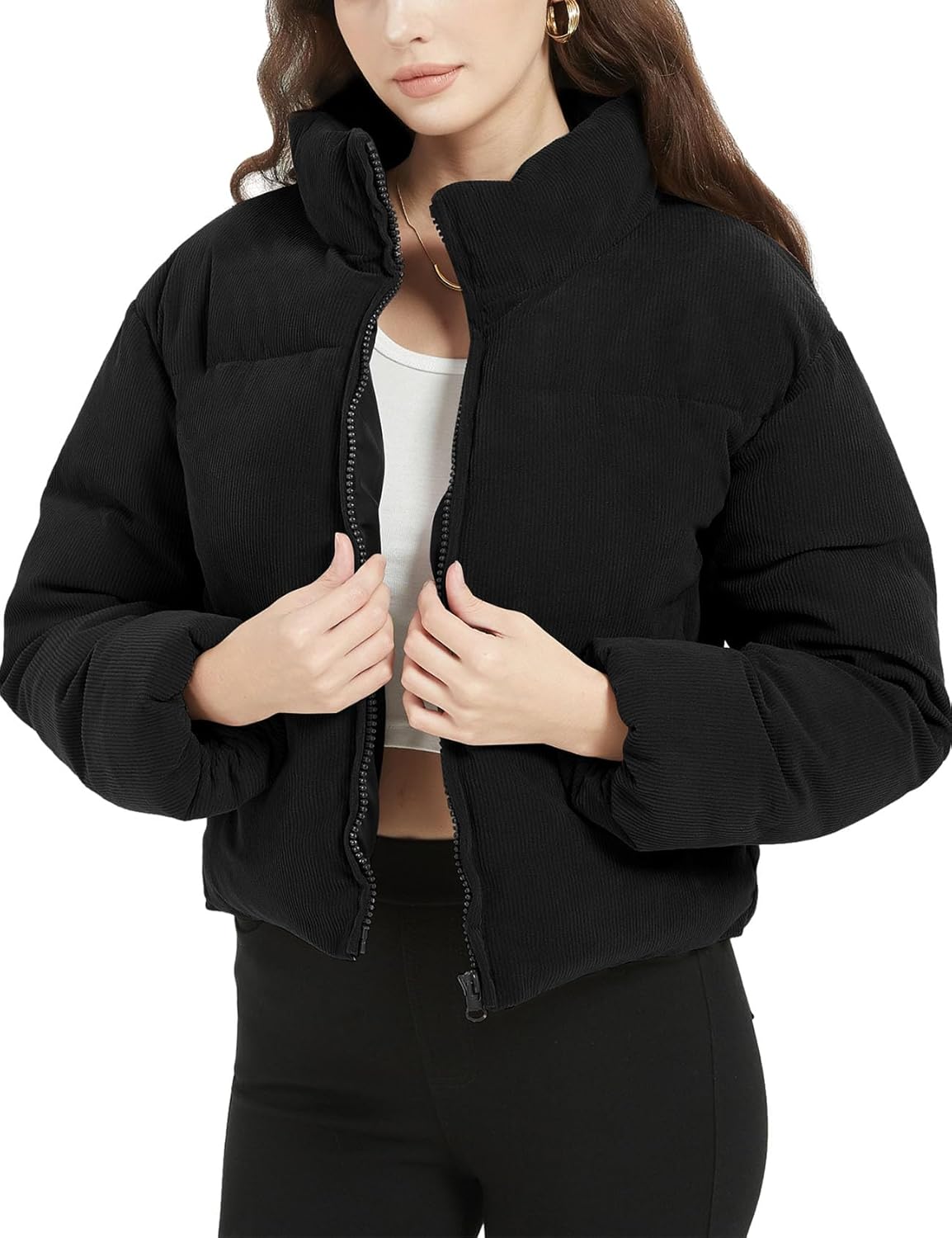 Flygo Womens Cropped Corduroy Puffer Jacket for Winter Style