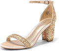 Womens Chunk Low Heel Pump Sandals - Rhinestone Ankle Strap Elegance