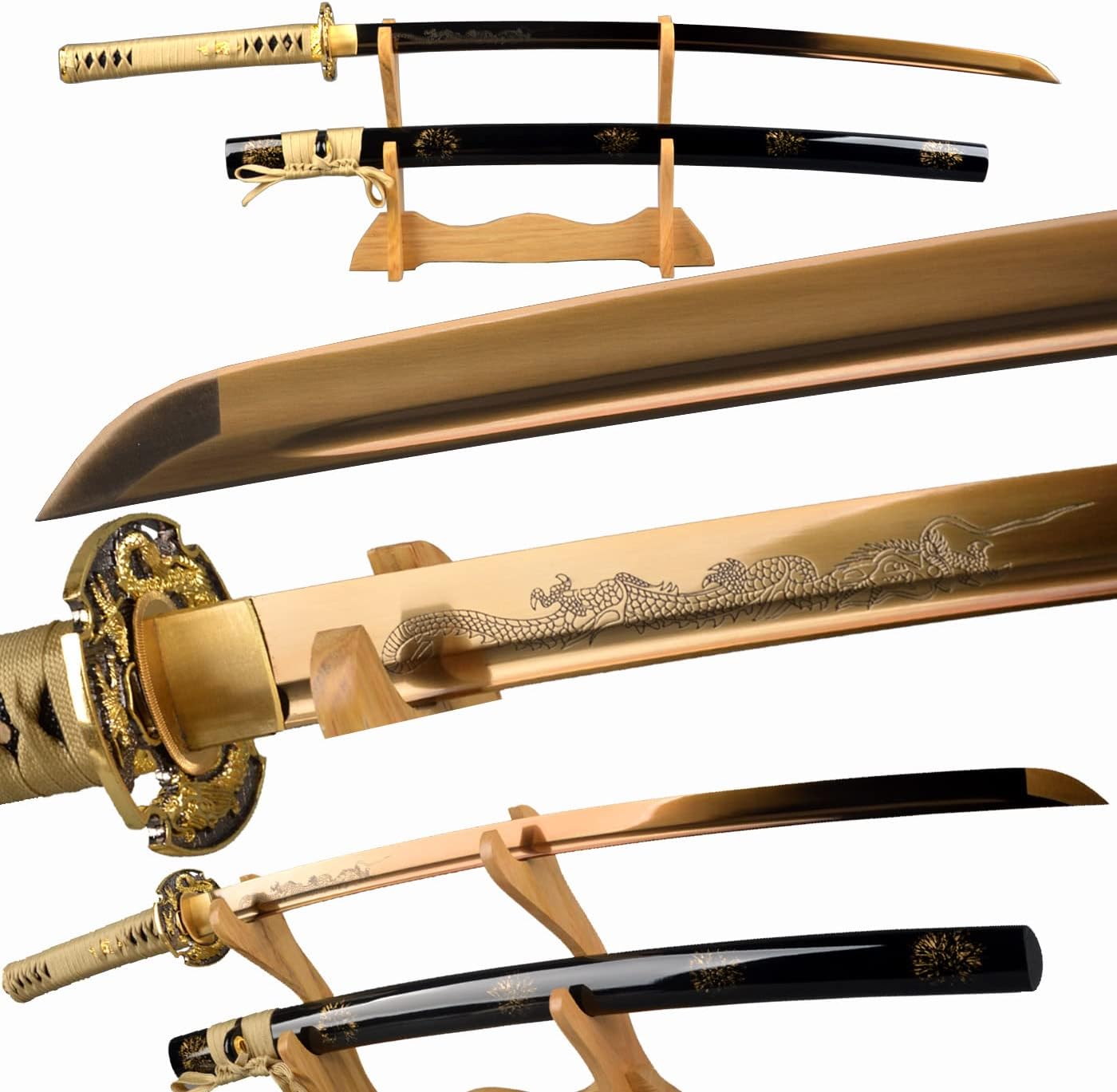 Handmade Gold Dragon Katana Sword with Sharp Blade Design
