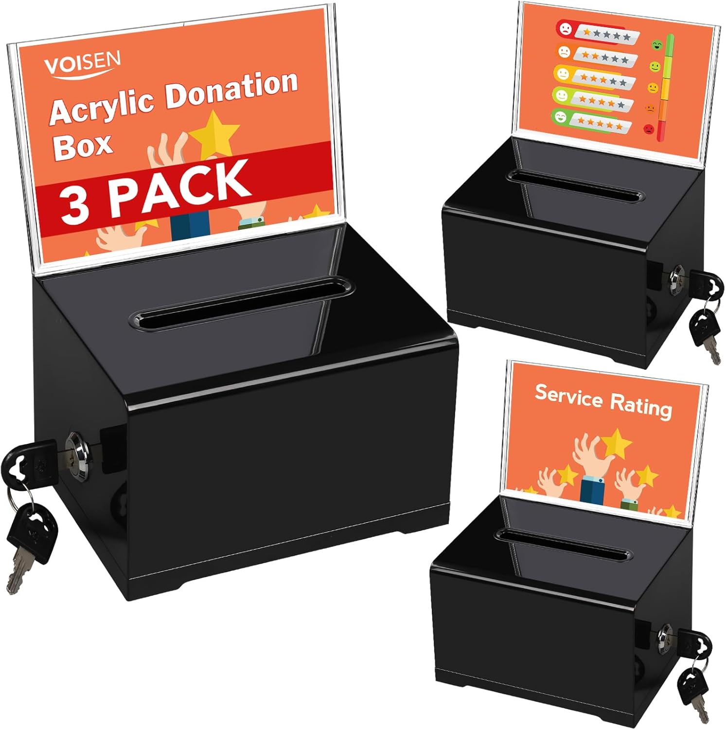 Acrylic Donation Box with Lock - 3 Pack Ballot Box Set